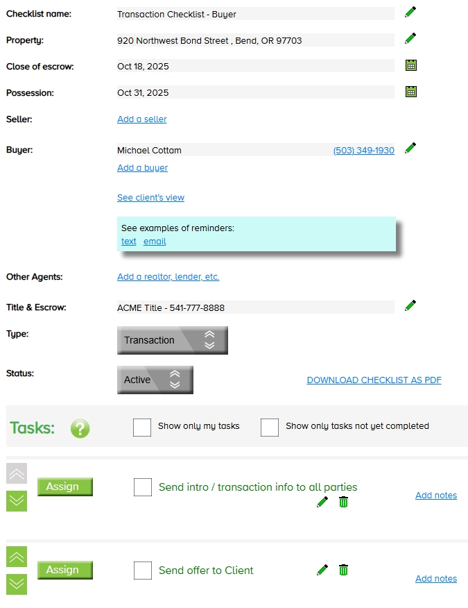 Transaction Checklist desktop sample